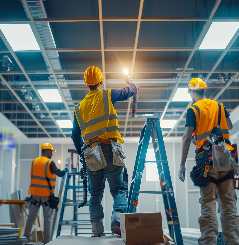 Construction workers in safety vests and helmets install lighting fixtures in a building with an exposed ceiling grid and large LED panels.