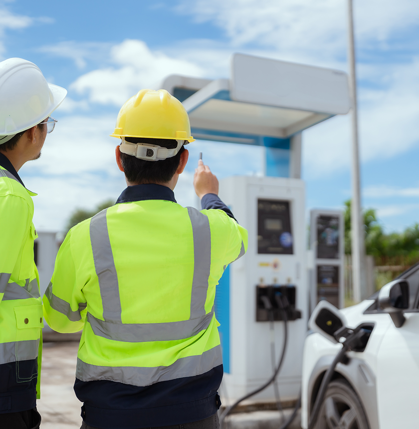 Two workers in safety gear stand near an electric vehicle charging station, with one pointing towards the station while a white electric car charges in the foreground.