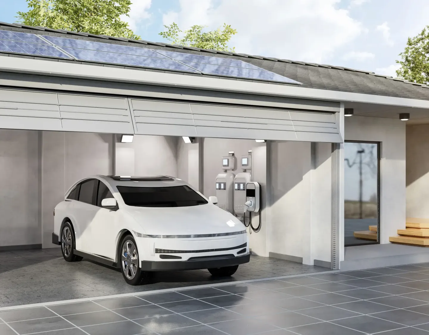 A white electric car is parked in a modern garage with solar panels on the roof and EV charging stations mounted on the wall.