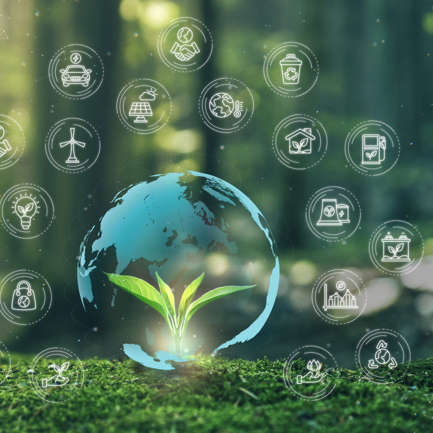 A digital illustration of a globe with a sprouting plant in front, surrounded by eco-friendly and sustainable development icons, set against a blurred forest background.